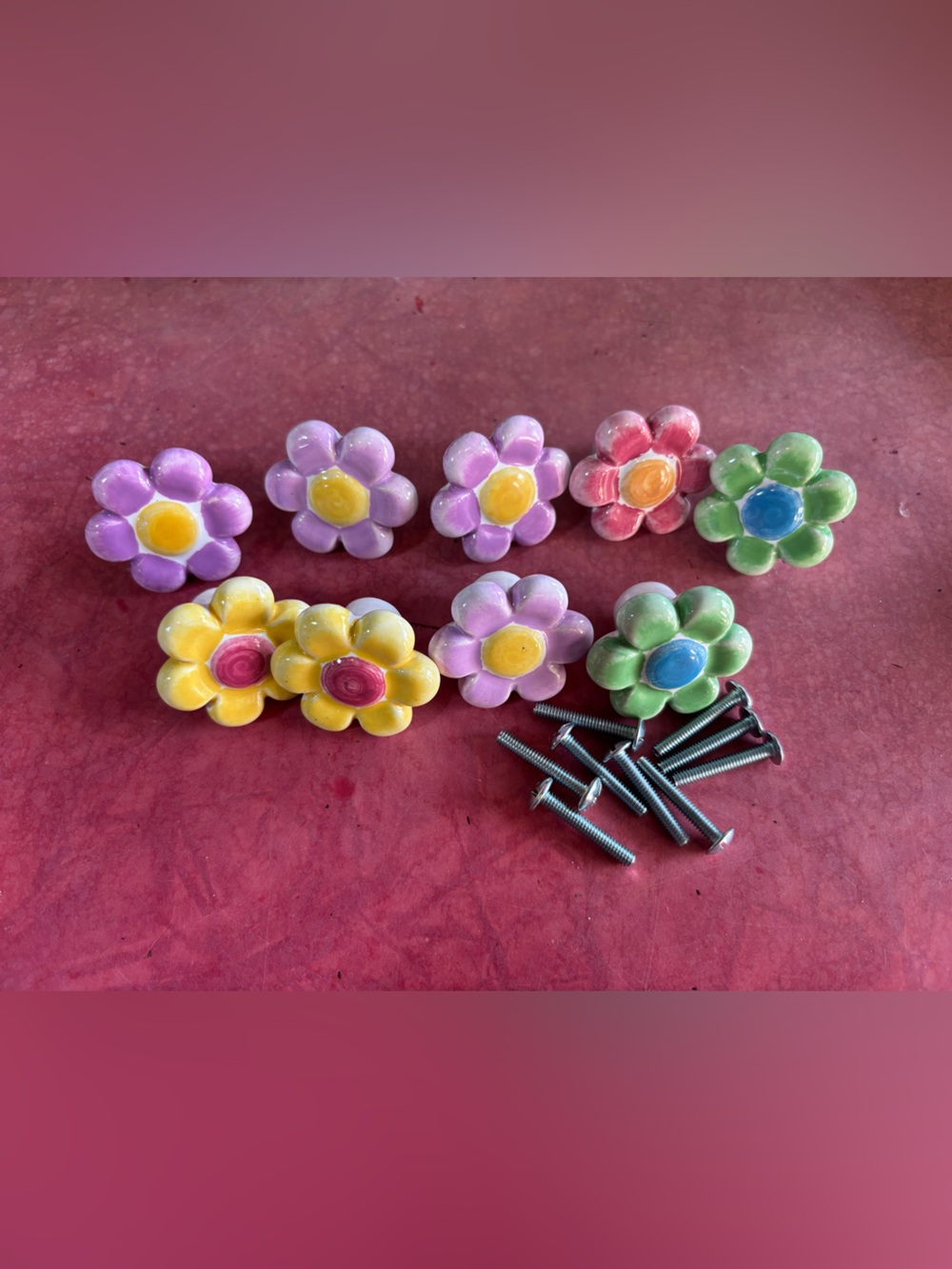Set of 9 ceramic hand painted flower drawer or cabinet door knobs